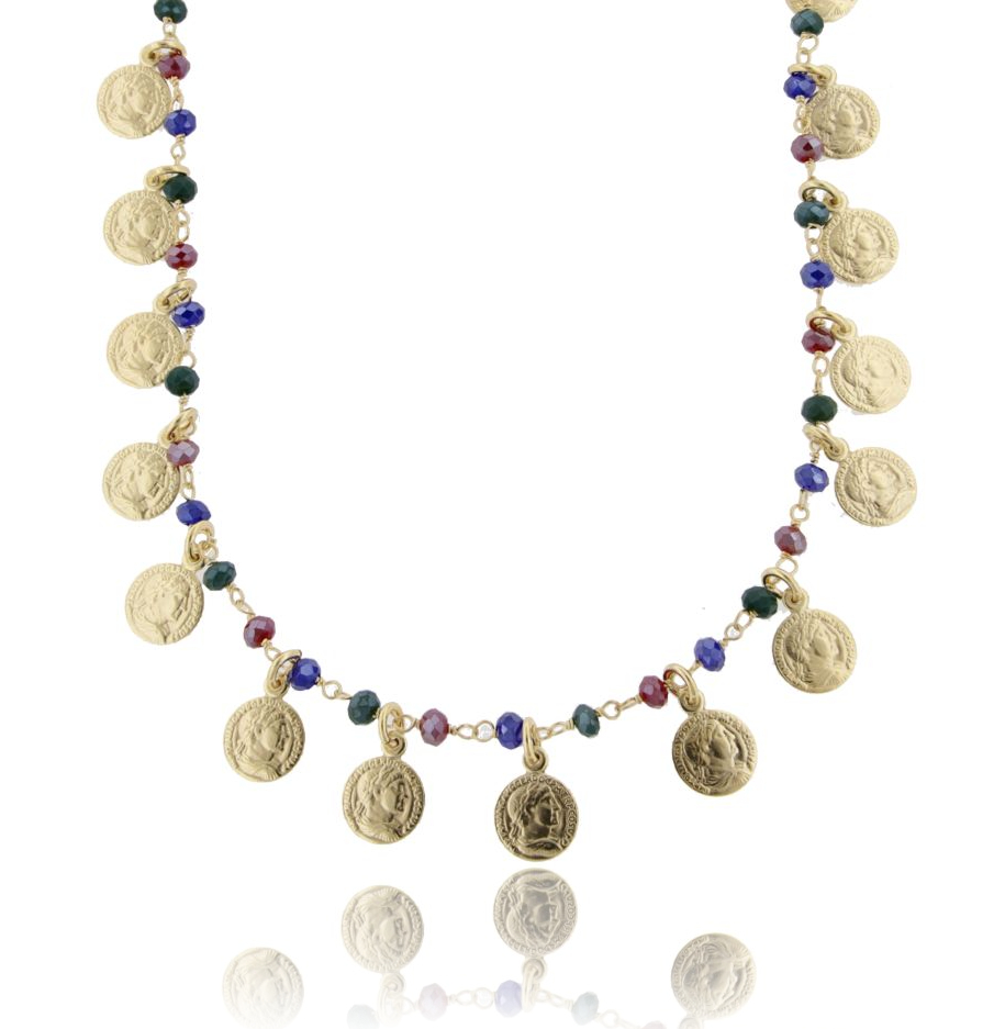 COLLANA CON MONETE E PIETRE IN ARGENTO DORATO TIT 925‰ CM 38-42