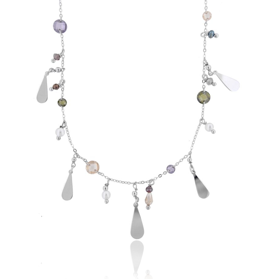 COLLANA CON GOCCE E PIETRE PENDENTI IN ARGENTO RODIATO TIT 925‰ CM 42-45