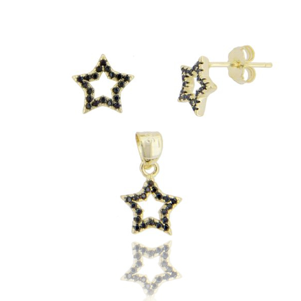 CIONDOLO E ORECCHINI A STELLA MM 9X9 IN ARGENTO DORATO TIT 925 E ZIRCONI NERI