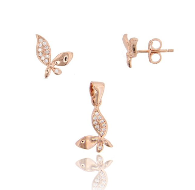CIONDOLO E ORECCHINI FARFALLA MM 14X9 IN ARGENTO ROSATO TIT 925 E ZIRCONI
