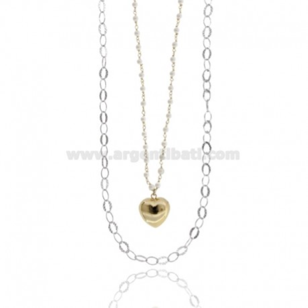 COLLANA A 2 FILI DEGRADE CON CUORE E PERLE IN ARGENTO RODIATO E DORATO TIT 925‰ CM 40-45