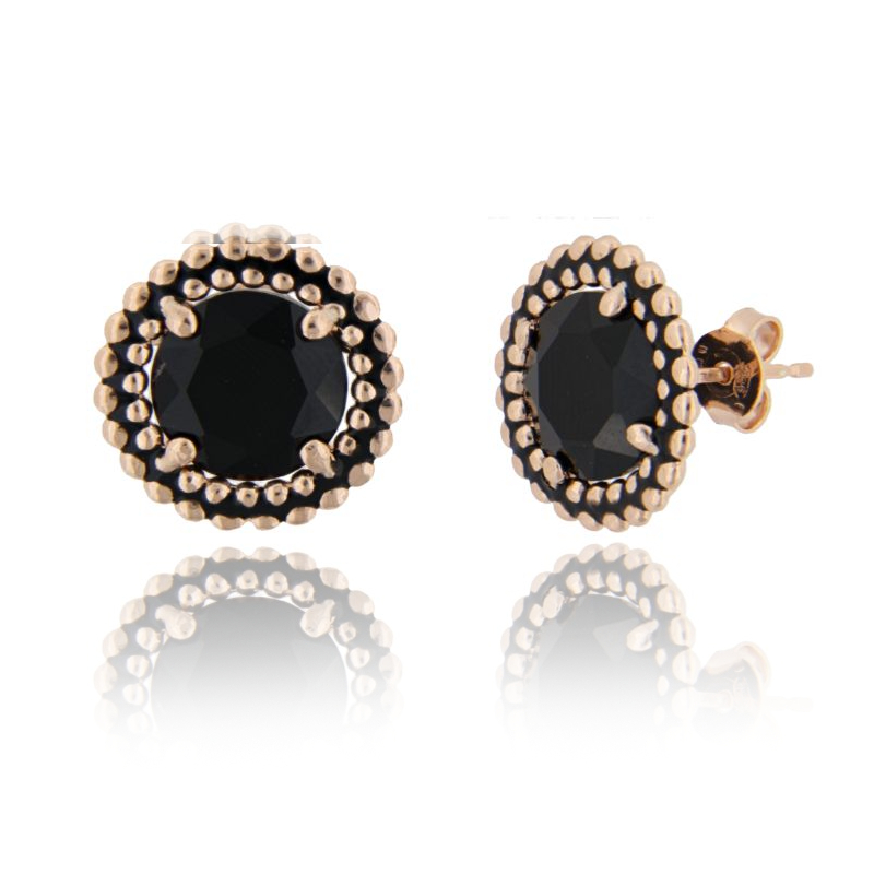 ORECCHINI A LOBO MM 15 CON MICROSFERE IN ARGENTO ROSATO TIT 925 PIETRA IDROTERMALE E SMALTO NERO