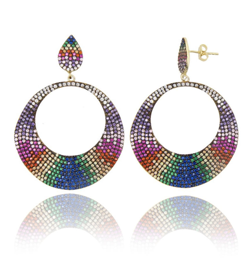 ORECCHINI PENDENTI IN ARGENTO DORATO TIT 925 E ZIRCONI RAINBOW