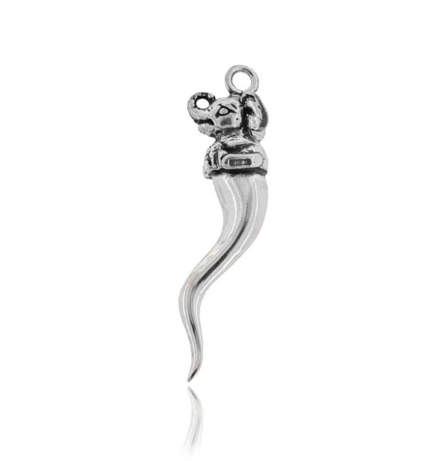 CIONDOLO CORNO MM 42X12 CON ELEFANTE IN ARGENTO MICROFUSO BRUNITO TIT 800‰