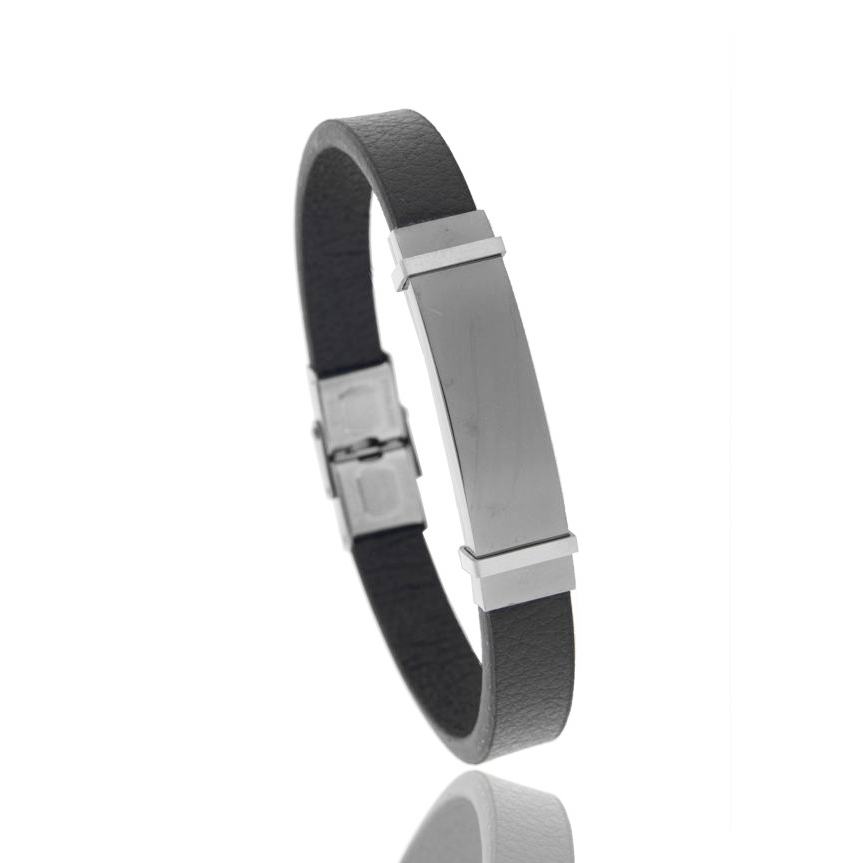 BRACCIALE IN CUOIO NERO CON TARGA IN ACCIAIO BICOLORE CM 21