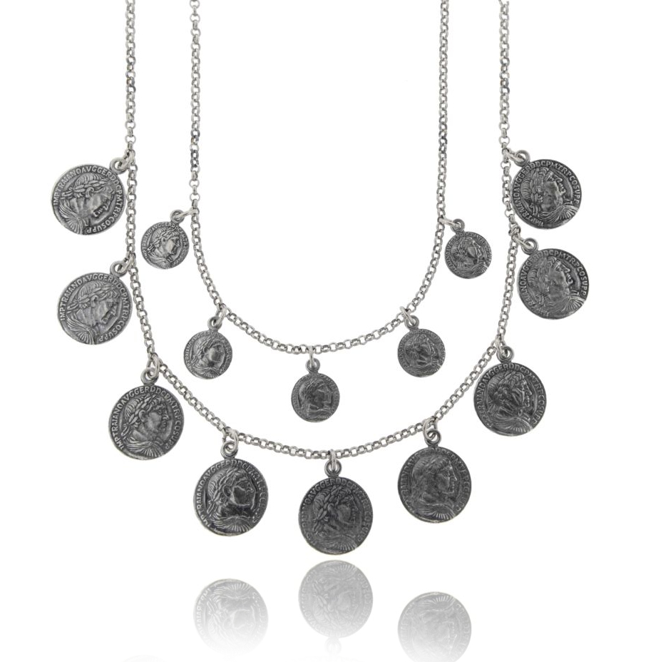 COLLANA ROLO' A 2 FILI DEGRADE CON MONETE PENDENTI IN ARGENTO BRUNITO TIT 925 CM 40-45