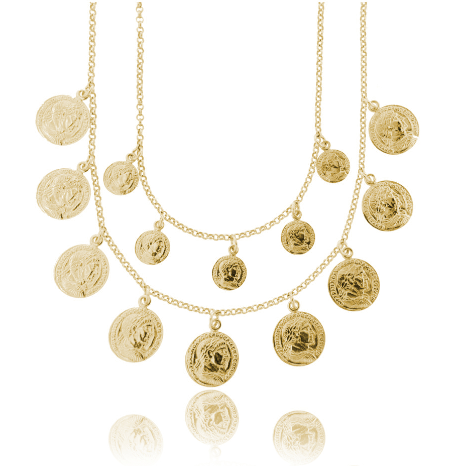 COLLANA ROLO' A 2 FILI DEGRADE CON MONETE PENDENTI IN ARGENTO DORATO TIT 925 CM 40-45