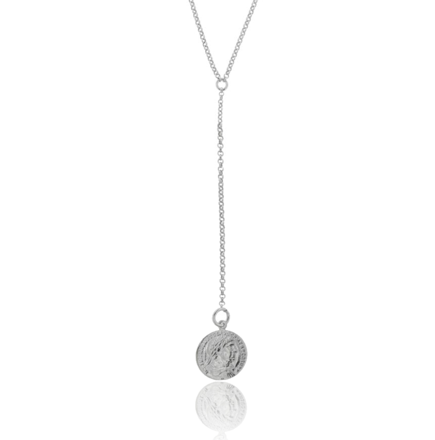 COLLANA ROLO' A CRAVATTA CON MONETA PENDENTE IN ARGENTO RODIATO TIT 925 CM 40-45