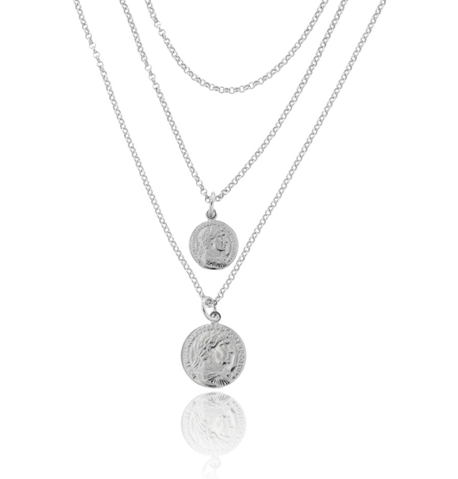 COLLANA DEGRADE ROLO' A 3 CON MONETE IN ARGENTO RODIATO TIT 925 CM 45-50