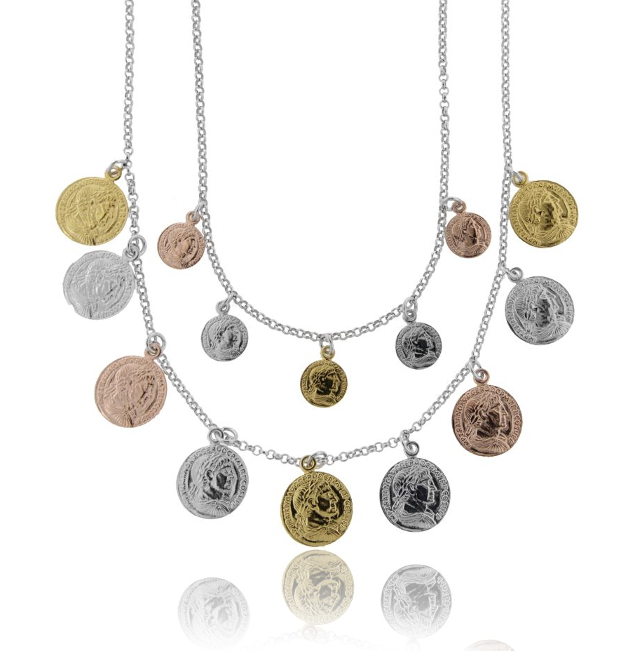 COLLANA ROLO' A 2 FILI DEGRADE CON MONETE PENDENTI IN ARGENTO TRICOLORE TIT 925 CM 40-45