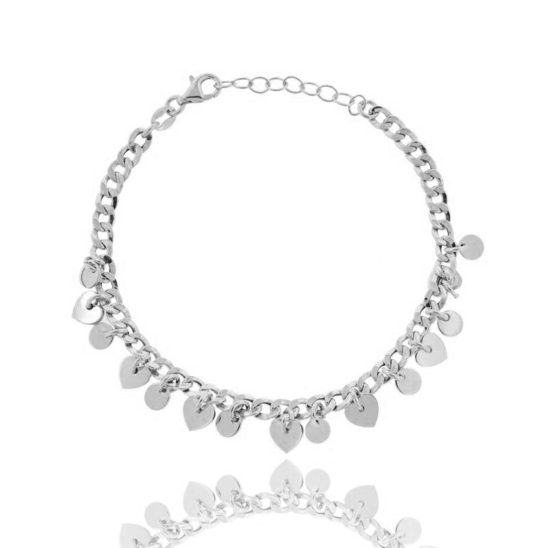 BRACCIALE GROUMETTE CON CUORI E TONDINI PENDENTI IN ARGENTO RODIATO TIT 925‰ CM 17-19