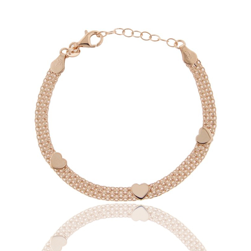 BRACCIALE MAGLIA BISMARK CON CUORI IN ARGENTO ROSATO TIT 925‰ CM 17-20