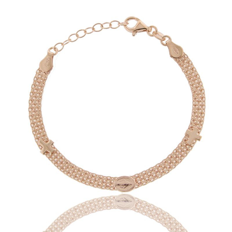 BRACCIALE MAGLIA BISMARK CON CROCI E MADONNINA MIRACOLOSA IN ARGENTO ROSATO TIT 925‰ CM 17-20