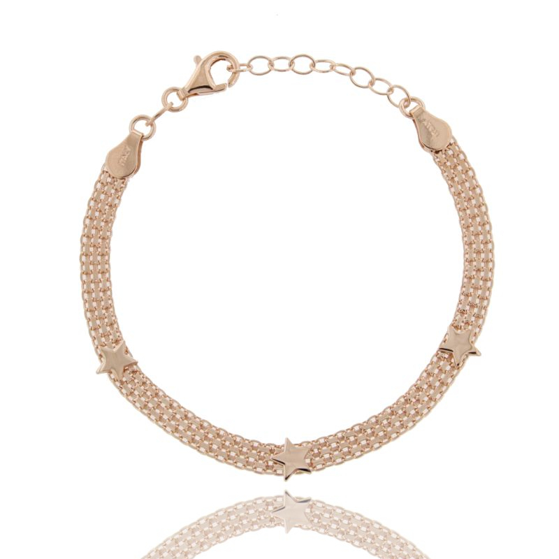 BRACCIALE MAGLIA BISMARK CON STELLE IN ARGENTO ROSATO TIT 925‰ CM 17-20