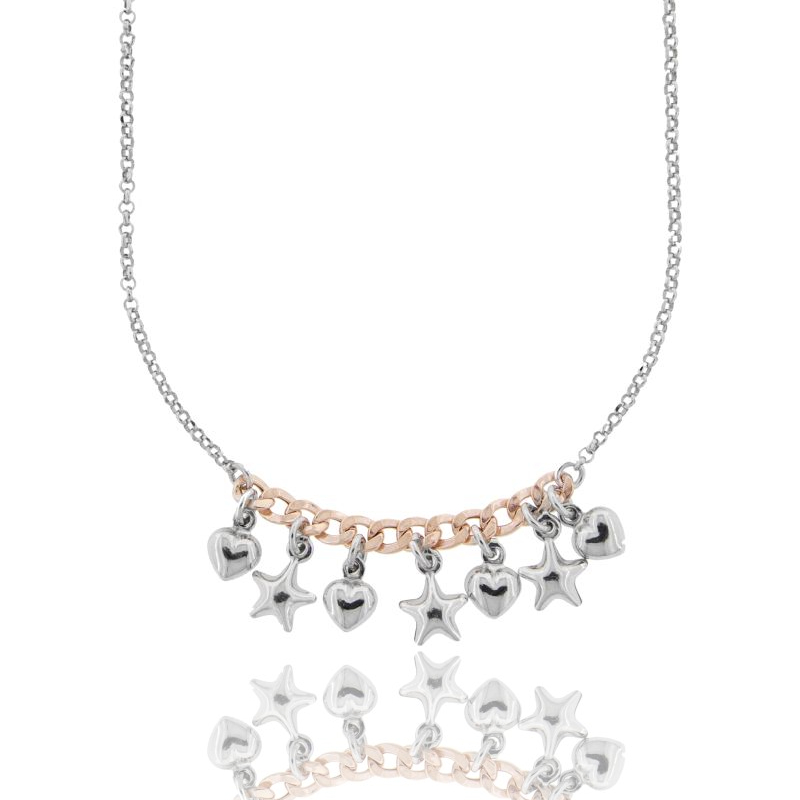 COLLANA ROLO' E GROUMETTE CON CUORI E STELLE PENDENTI IN ARGENTO RODIATO E ROSATO TIT 925‰ CM 40-44