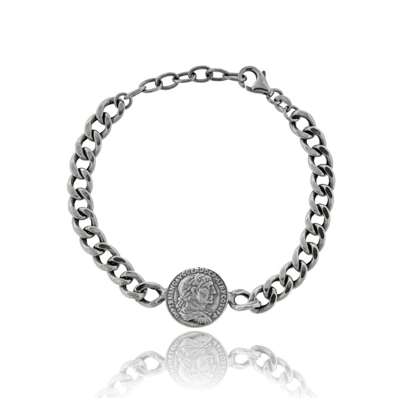 BRACCIALE GROUMETTE CON MONETA CENTRALE IN ARGENTO BRUNITO TIT 925 CM 17-19