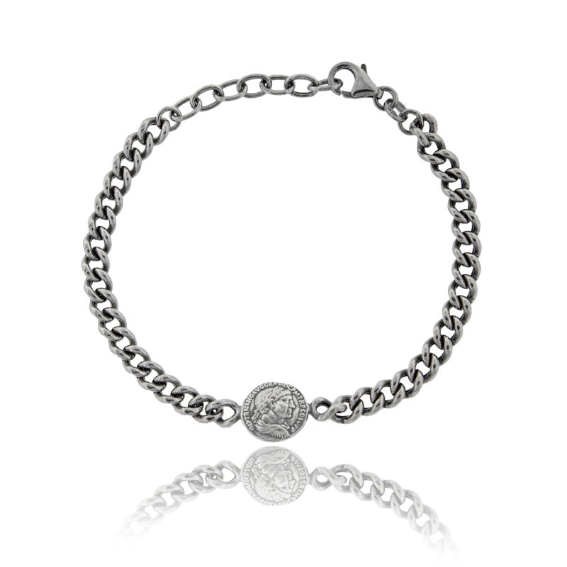 BRACCIALE GROUMETTE CON MONETA PICCOLA CENTRALE IN ARGENTO BRUNITO TIT 925 CM 17-19