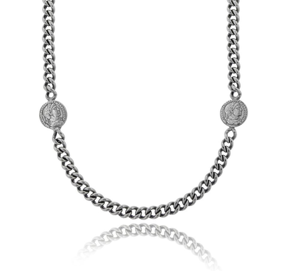 COLLANA GROUMETTE CON MONETE LATERALI PICCOLE IN ARGENTO BRUNITO TIT 925 CM 40-45