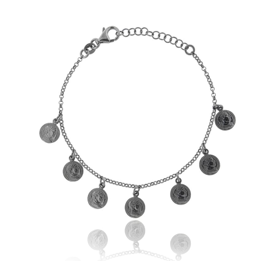 BRACCIALE ROLO' CON 7 MONETINE PENDENTI IN ARGENTO BRUNITO TIT 925 CM 17-20