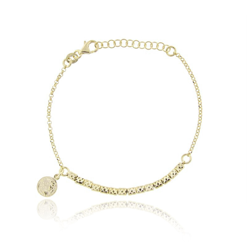 BRACCIALE ROLO' CON PEPITE E MONETE PENDENTI IN ARGENTO DORATO TIT 925 CM 17-20