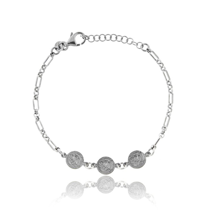 BRACCIALE A CATENA CON 3 MONETE CENTRALI PICCOLE IN ARGENTO RODIATO TIT 925 CM 17-20