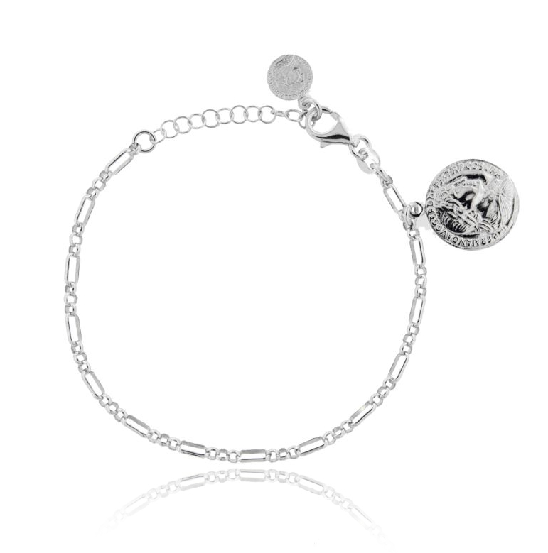 BRACCIALE A CATENA CON MONETA MM 16 PENDENTE IN ARGENTO RODIATO TIT 925 CM 17-20