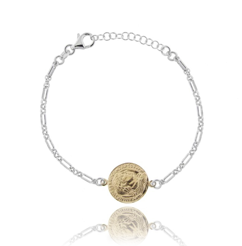 BRACCIALE A CATENA CON MONETA MM 16 IN ARGENTO RODIATO E DORATO TIT 925 CM 17-20