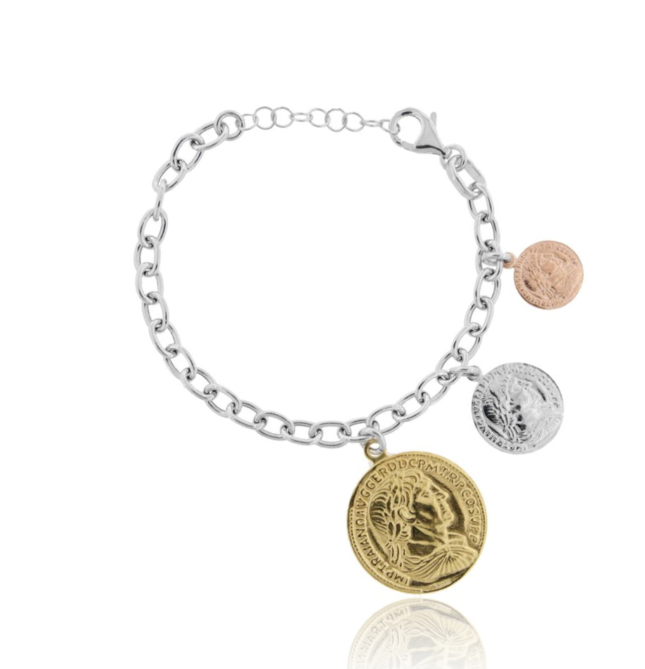BRACCIALE FORZATINA CON 3 MONETE PENDENTI IN ARGENTO TRICOLORE TIT 925 CM 17-20