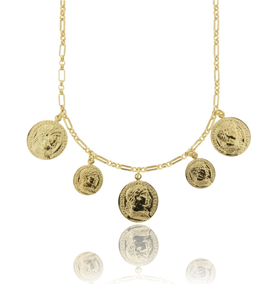 COLLANA A CATENA CON 5 MONETE IN ARGENTO DORATO TIT 925 CM 40-45