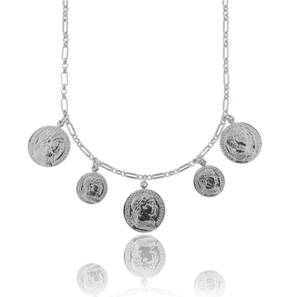 COLLANA A CATENA CON 5 MONETE IN ARGENTO RODIATO TIT 925 CM 40-45