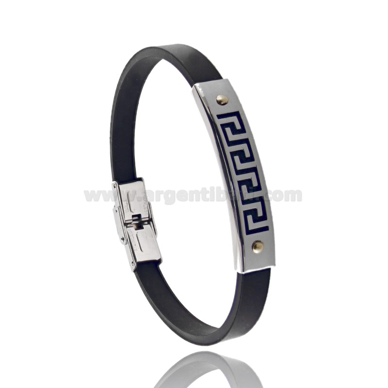BRACCIALE IN CAUCCIU' CON TARGA CON GRECA IN ACCIAIO CON 2 PUNTI IN OTTONE