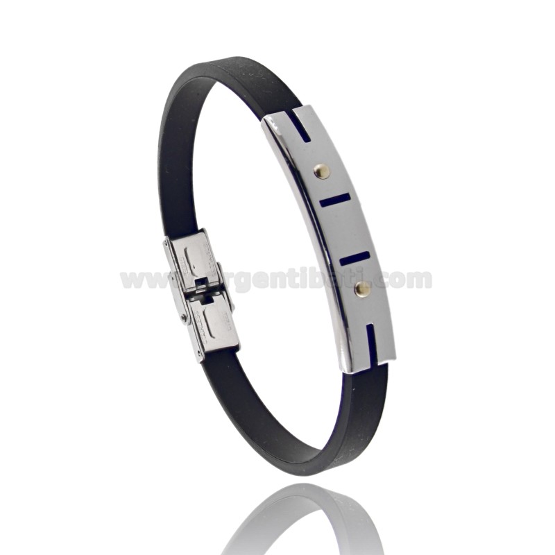 BRACCIALE IN CAUCCIU NERO CON TARGA TRAFORATA IN ACCIAIO CON VITINE IN BILAMINA DI OTTONE E ORO