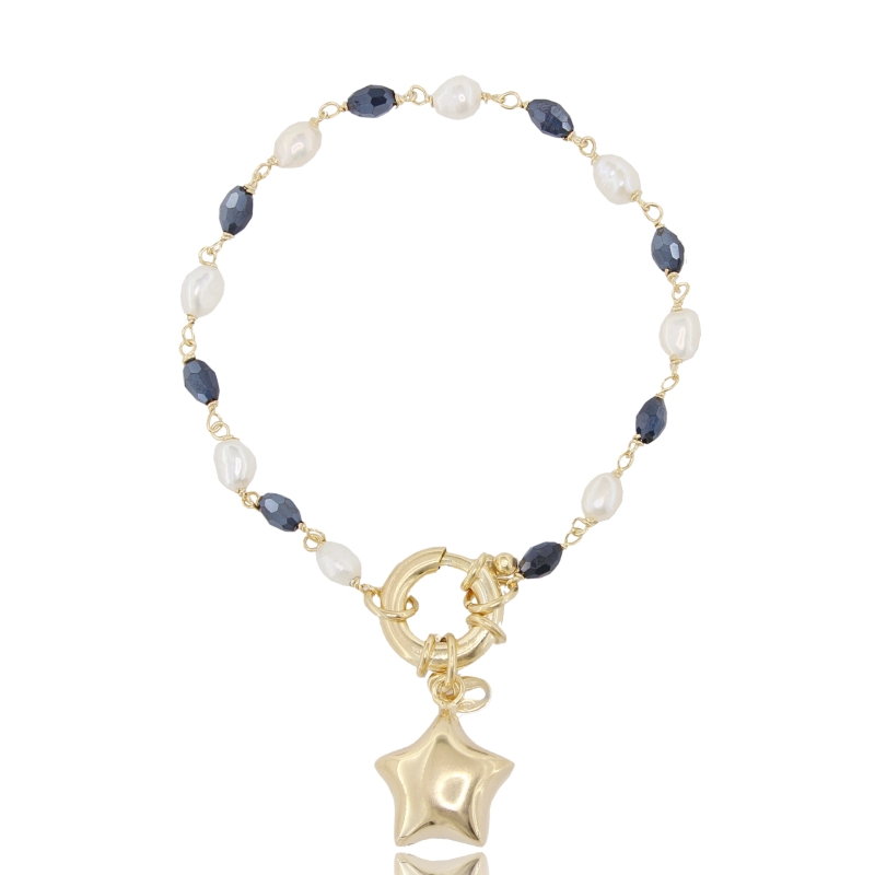 BRACCIALE CON MOSCHETTONE E STELLA IN ARGENTO DORATO TIT 925‰ E PIETRE DURE CM 18-20