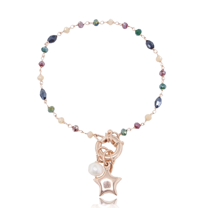 BRACCIALE CON MOSCHETTONE E STELLA IN ARGENTO ROSATO TIT 925‰ E PIETRE DURE CM 18-20