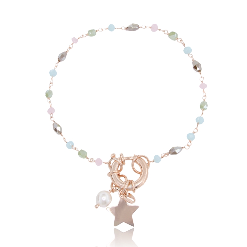 BRACCIALE CON MOSCHETTONE E STELLA IN ARGENTO ROSATO TIT 925‰ E PIETRE DURE CM 18-20