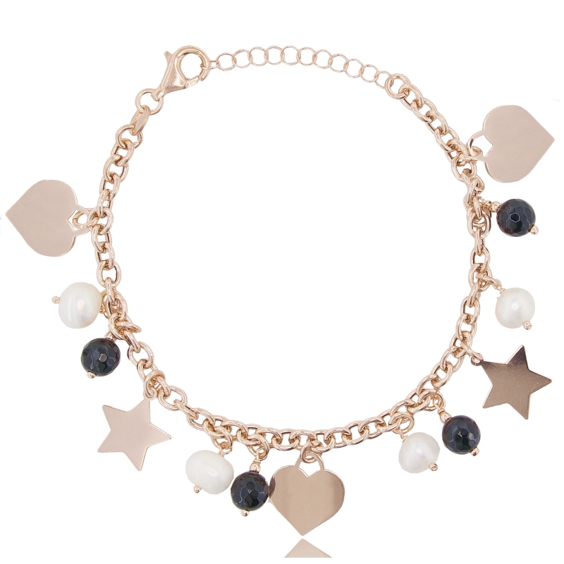 BRACCIALE CON CUORE E STELLE IN ARGENTO ROSATO TIT 925‰ E PIETRE DURE CM 18-20