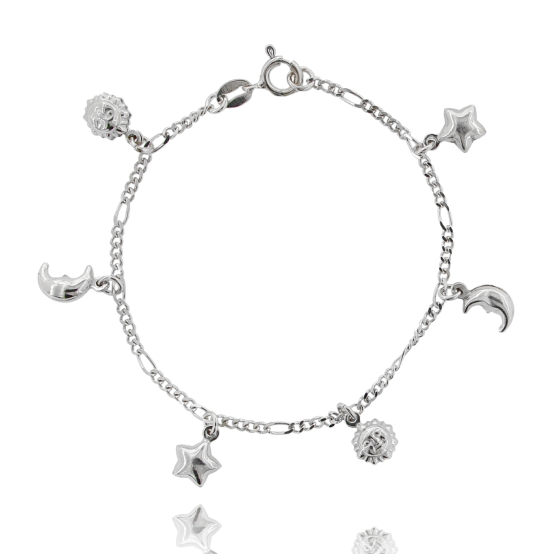 BRACCIALE 5+1 CON SOLI,LUNE E STELLE PENDENTI IN ARGENTO RODIATO TIT 925‰ CM 18