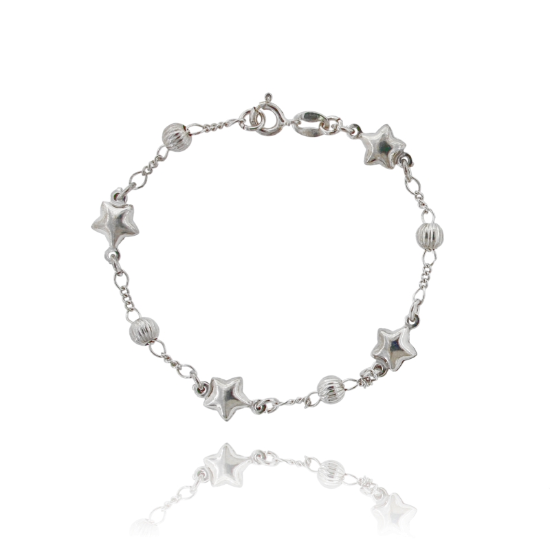 BRACCIALE 3+1 CON SFERE RIGATE E STELLE CENTRALI IN ARGENTO RODIATO TIT 925‰ CM 18