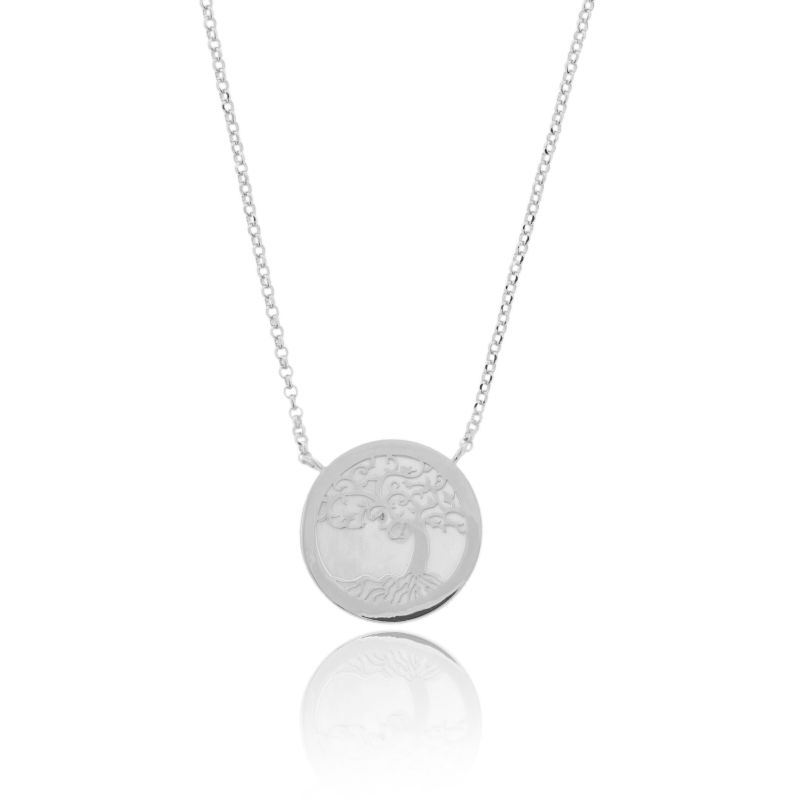COLLANA ROLO' CM 45 CON MEDAGLIA TONDA MM 20 IN MADREPERLA E ALBERO DELLA VITA IN ARGENTO TIT 925