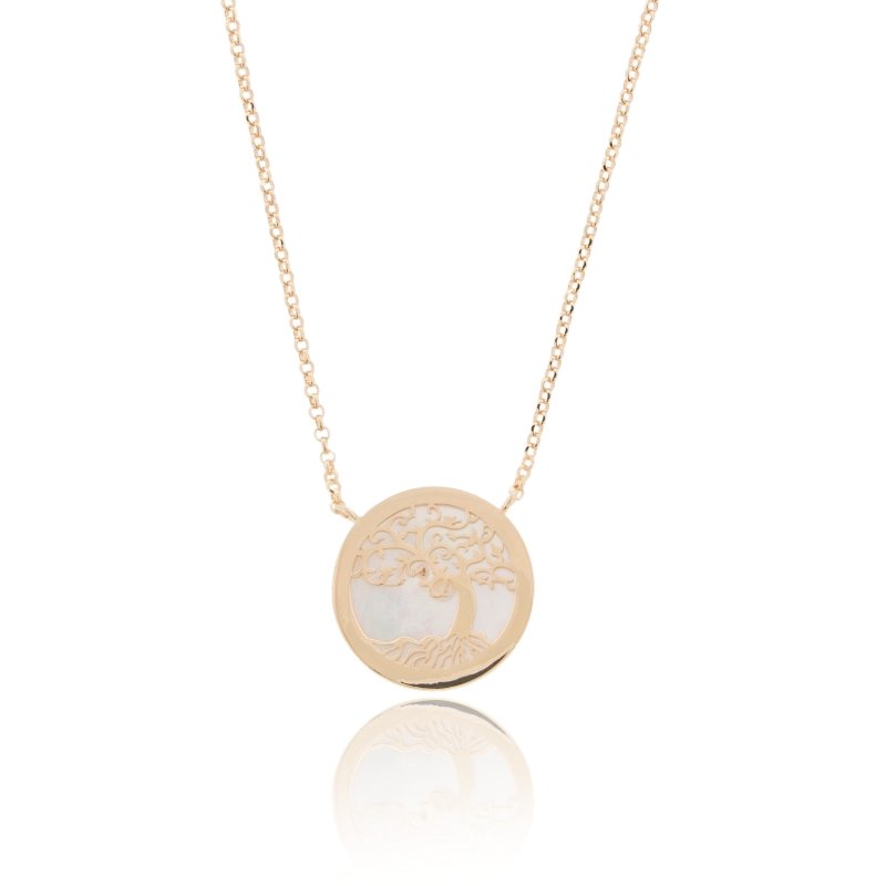 COLLANA ROLO' CM 45 CON MEDAGLIA TONDA MM 20 IN MADREPERLA E ALBERO DELLA VITA IN ARGENTO TIT 925
