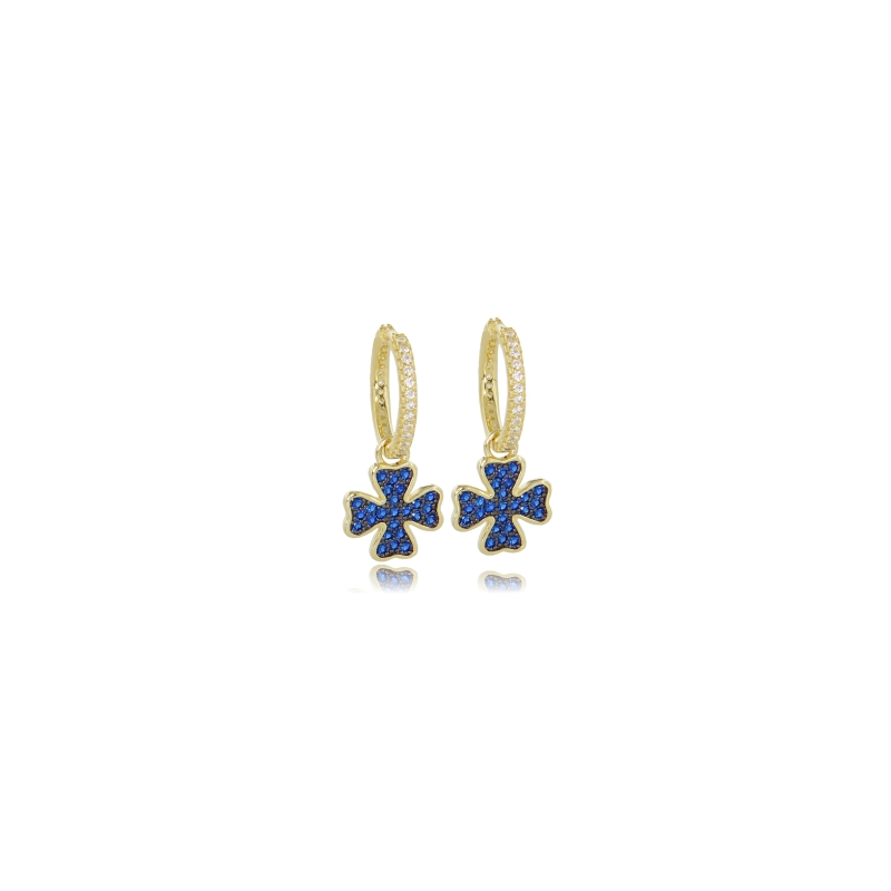 ORECCHINI A CERCHIO DIAMETRO MM 10 CON QUADRIFOGLIO PENDENTE IN ARGENTO DORATO TIT 925‰ E ZIRCONI BIANCHI E BLU