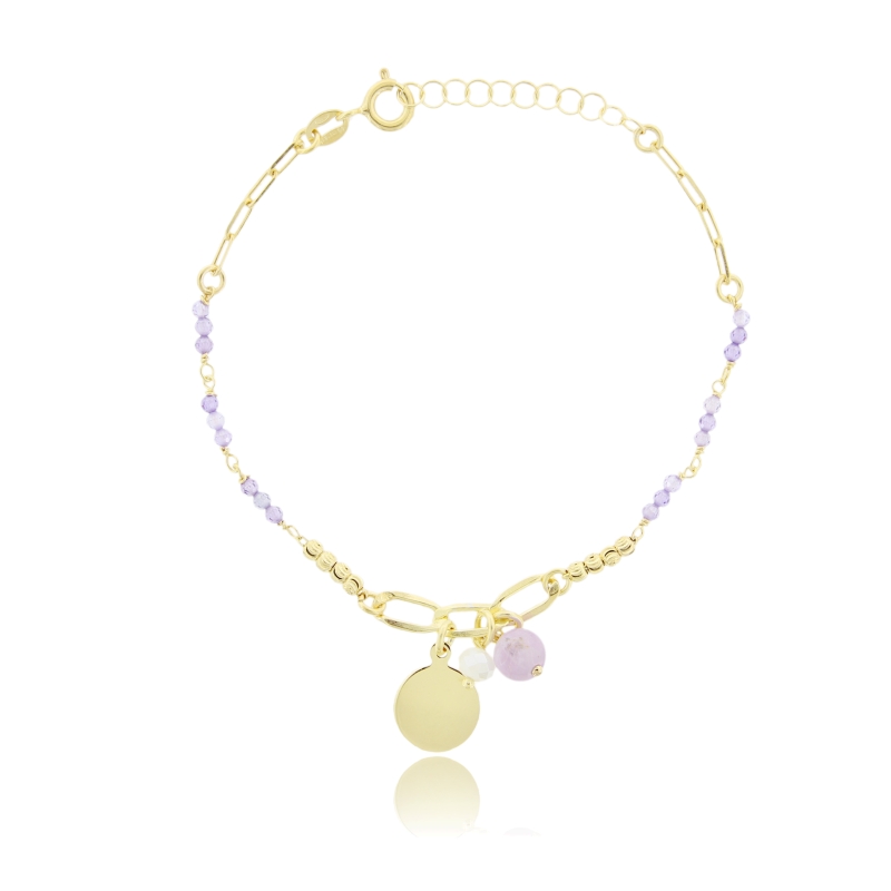 BRACCIALE CON PIETRE E MEDAGLIA TONDA IN ARGENTO DORATO TIT 925‰ CM 17-19