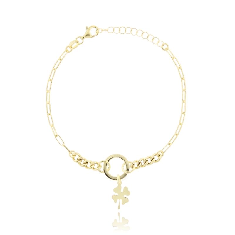 BRACCIALE GROUMETTE E QUADRIFOGLIO IN ARGENTO DORATO TIT 925‰ CM 17-19