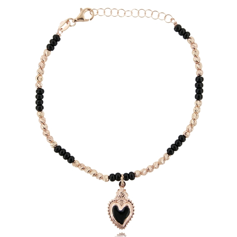 BRACCIALE CON SFERE FACCETTATE, PIETRE E CUORE SACRO SMALTATO IN ARGENTO TIT 925 CM 17-19