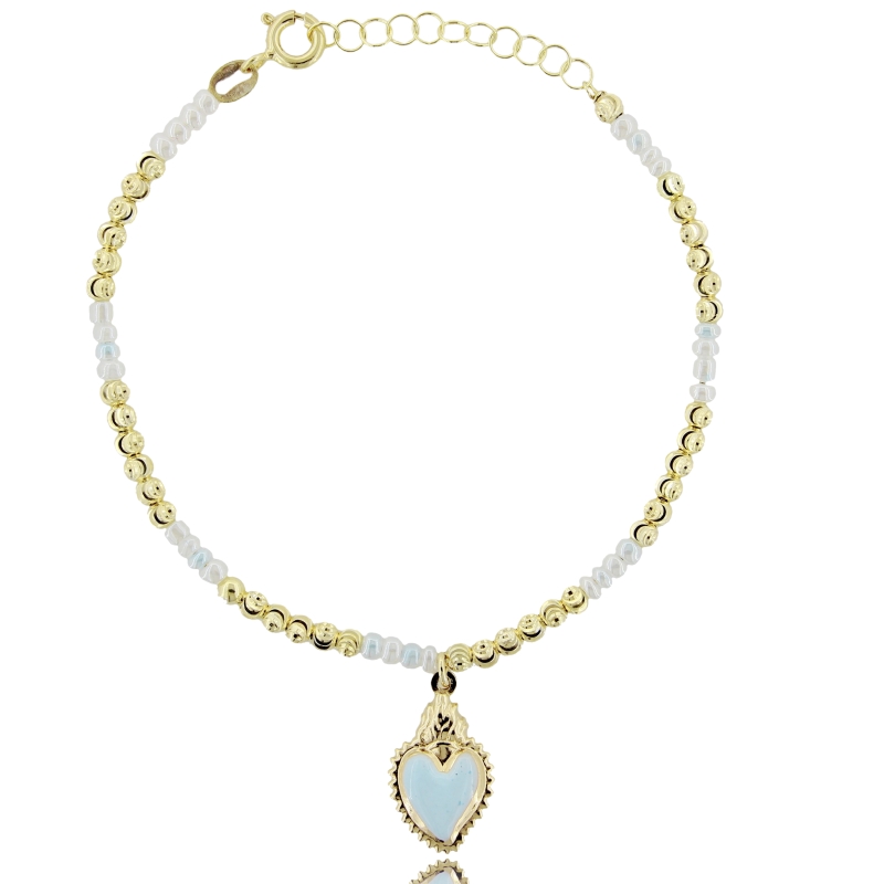 BRACCIALE CON SFERE, PIETRE E CUORE SACRO SMALTATO CELESTE IN ARGENTO DORATO TIT 925‰ CM 17-19