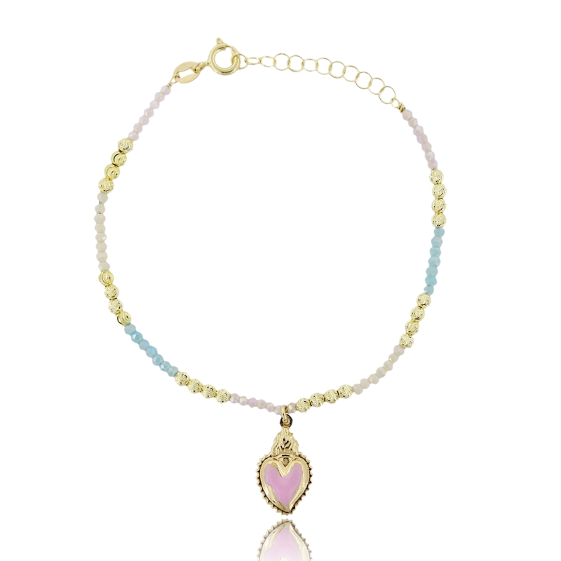 BRACCIALE CON SFERE, PIETRE E CUORE SACRO SMALTATO IN ARGENTO TIT 925 CM 17-19