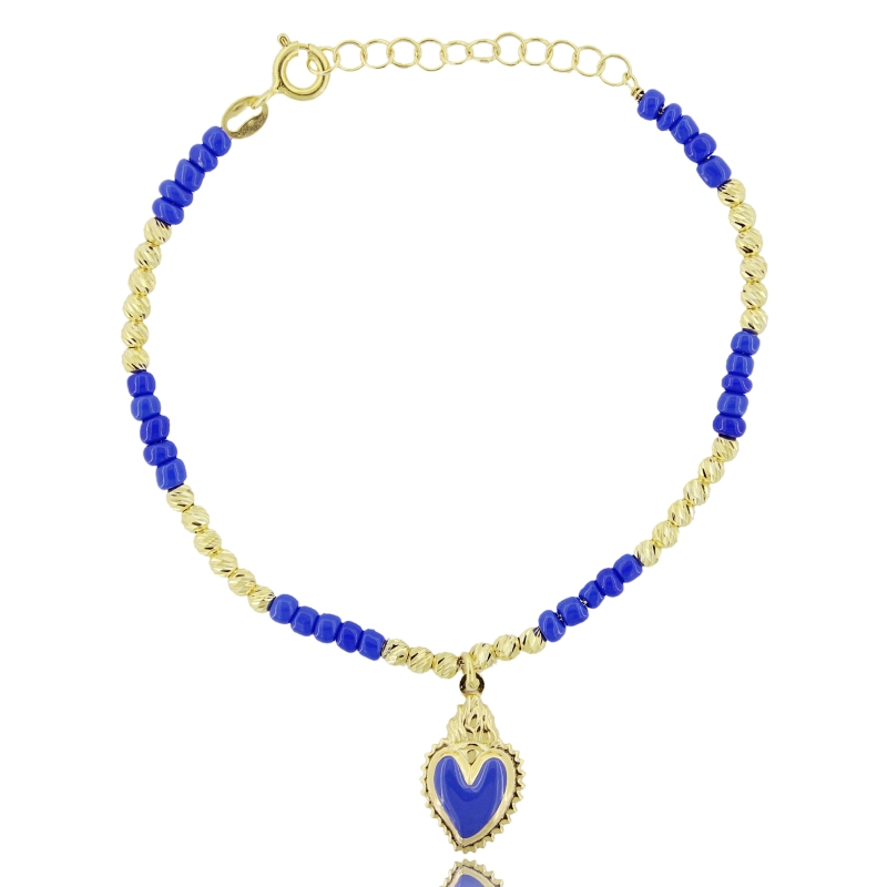 BRACCIALE CON SFERE FACCETTATE, PIETRE E CUORE SACRO SMALTATO IN ARGENTO TIT 925 CM 17-19