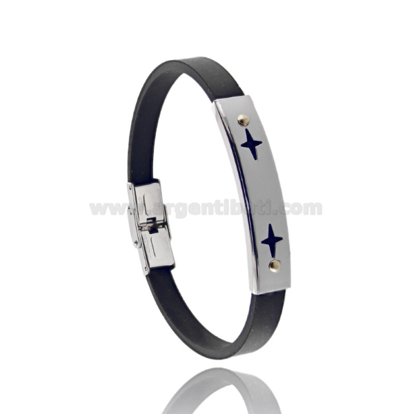 BRACCIALE IN CAUCCIU' CON TARGA TRAFORATA SCINTILLE GRANDI IN ACCIAIO CON VITINE IN BILAMINA DI OTTONE E ORO
