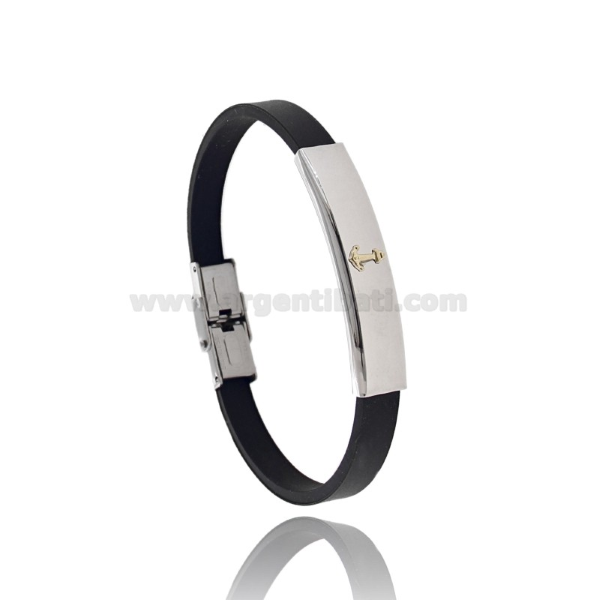 BRACCIALE IN CAUCCIU' CON TARGA IN ACCIAIO CON ANCORA IN BILAMINA DI OTTONE E ORO