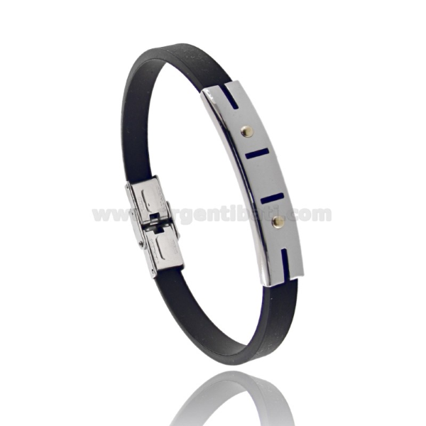 BRACCIALE IN CAUCCIU NERO CON TARGA TRAFORATA IN ACCIAIO CON VITINE IN BILAMINA DI OTTONE E ORO